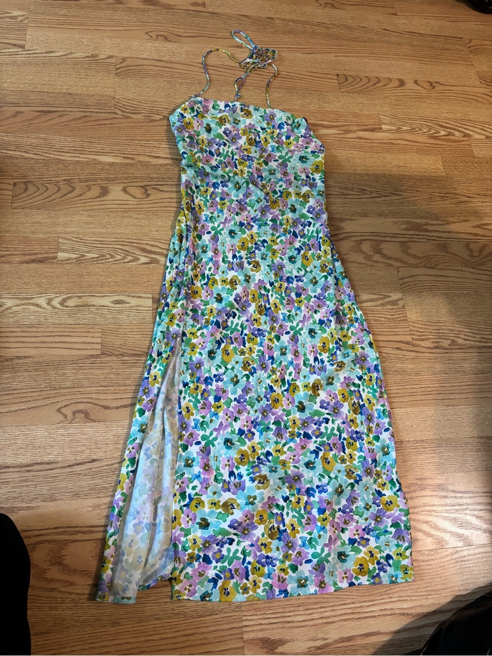 RESA Floral Halter Maxi Dress in White, Yellow, Green & Purple